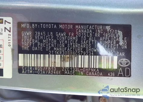 2006 Toyota Matrix Xr из США, поврежденный, VIN 2T1KR30EX6C579234